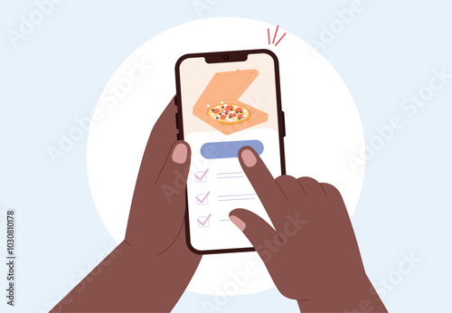 Pizza order in food delivery smartphone app. Hands holding phone and pay for meal. Smart lunch, family dinner booking. Modern lifestyle, vector concept