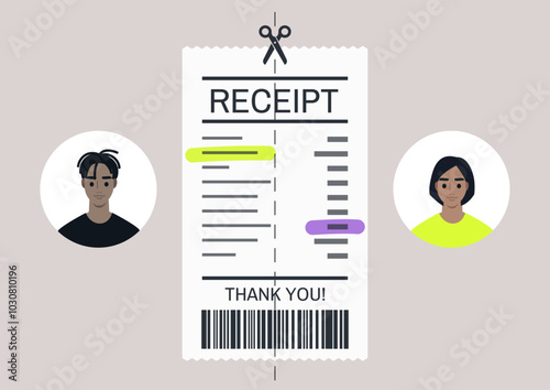 Creative illustration of two diverse characters splitting a receipt as they share costs, reflecting modern financial habits and communal living in a lively urban setting