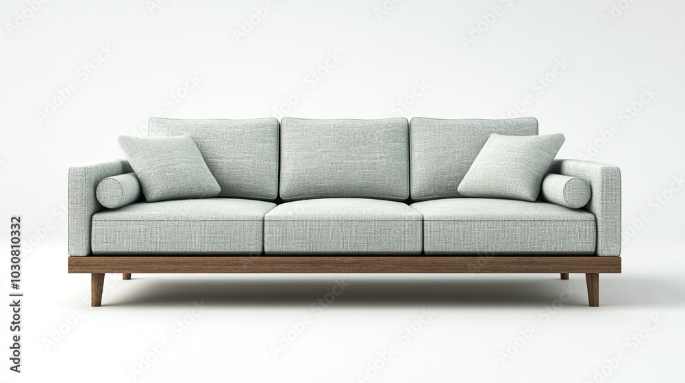 Fototapeta premium Sofa in contemporary living room Interior Design. furniture for home decoration, Stylish grey fabric sectional sofa with colourful cushions and wooden legs on a transparent.