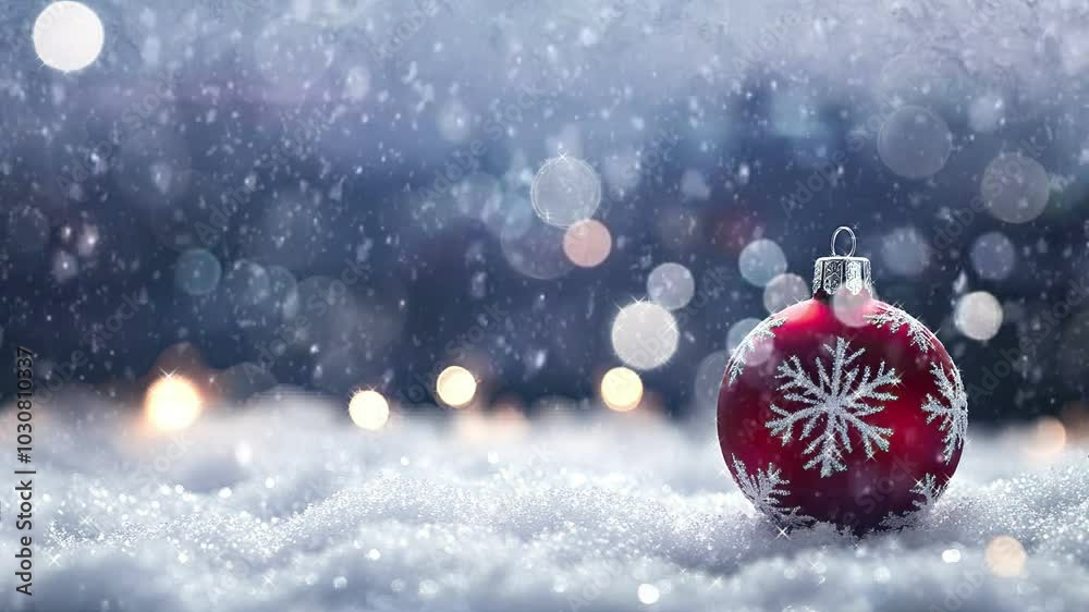 A red Christmas ornament decorated with snowfall and blurred bokeh lights in the background. The scene exudes a peaceful and festive winter atmosphere. animation background. A red Christmas ornament decorated with snowfall and blurred bokeh lights in the background. The scene exudes a peaceful and festive winter atmosphere. animation background.