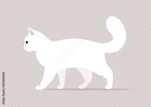 A white cat, with its tail held high, walks with a confident stride against a gentle pastel backdrop, embodying both grace and playfulness in the midday ambiance