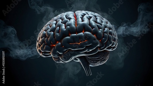 A brain engulfed in thick, black toxic smoke, symbolizing the overwhelming and suffocating nature of anxiety. photo