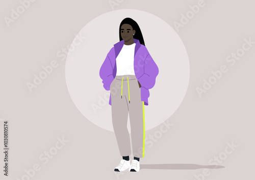 The teenager stands confidently, wearing a trendy sports outfit that blends comfort and style, reflecting an active lifestyle amidst a serene background