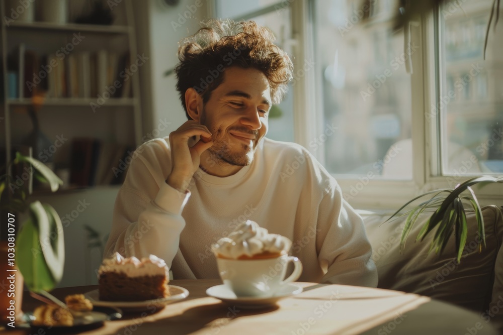 Cozy morning with coffee and cake in sunlit room Cozy morning with coffee and cake in sunlit room