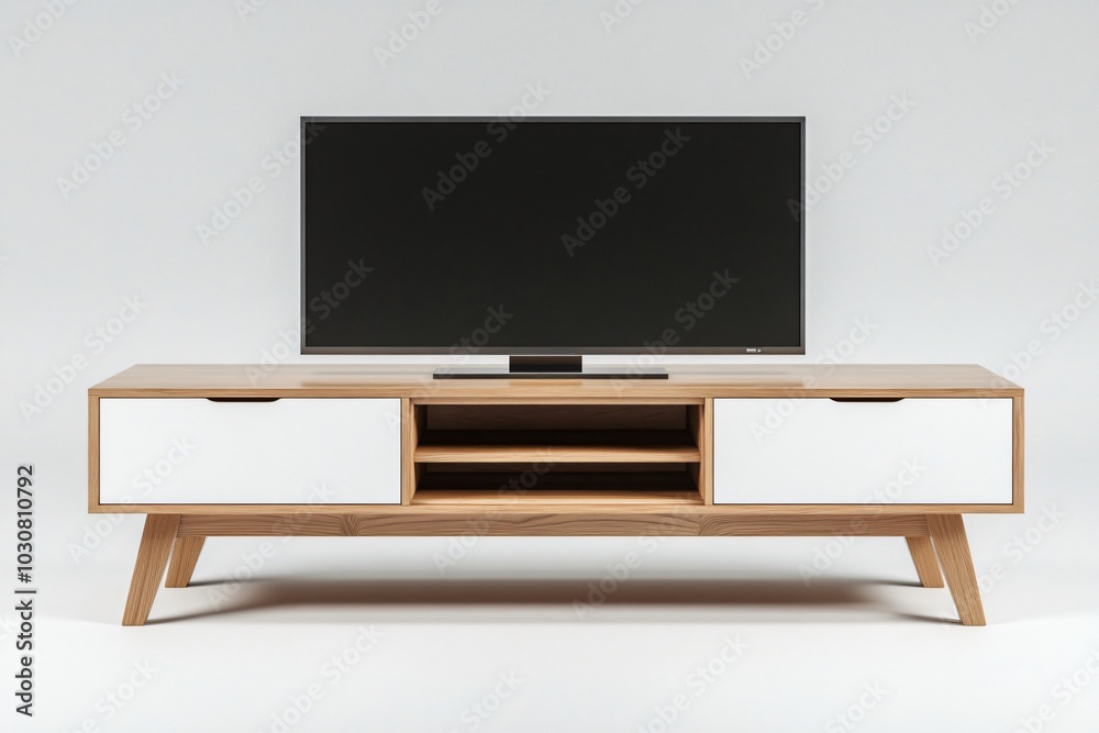 Modern tv stand with drawers is standing on a white background, perfect for showcasing home electronics or interior design