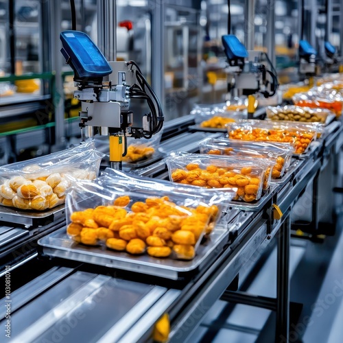 A food packaging line with various items neatly organized in transparent bags on a conveyor belt in a modern factory setting.