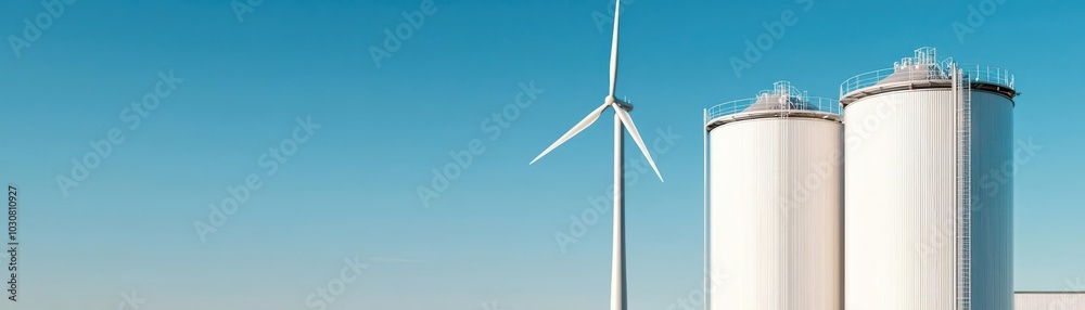 Hydrogen tanks and wind turbines against a clear sky, symbolizing renewable energy, sustainability, green technology future Hydrogen tanks and wind turbines against a clear sky, symbolizing renewable energy, sustainability, green technology future