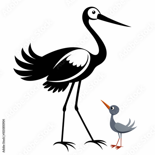 A stork carrying a baby silhouette vector illustration on white background