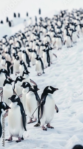 A group of penguins are standing on a snowy hill