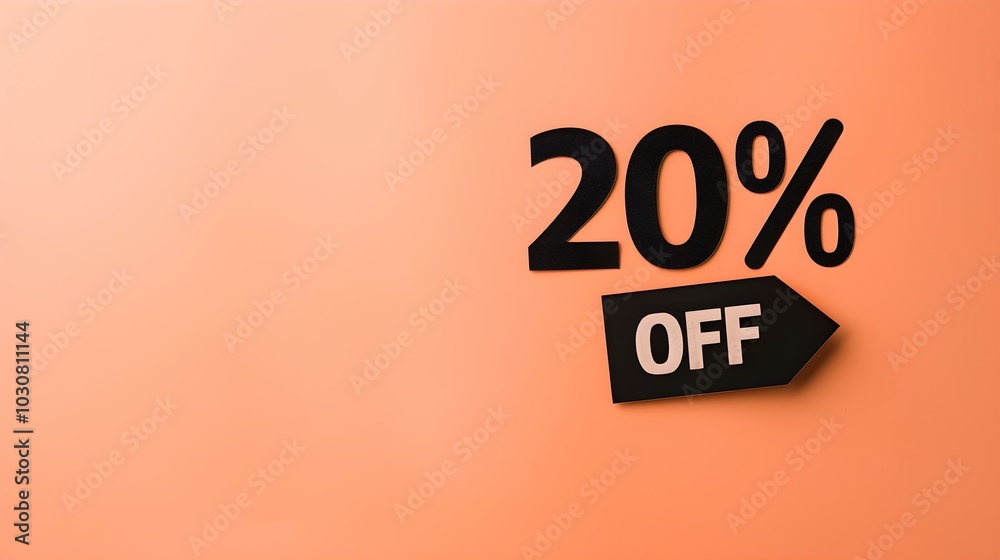 Black '20% OFF' Promotional Sign on a Light Orange Background with Copy Space Black '20% OFF' Promotional Sign on a Light Orange Background with Copy Space
