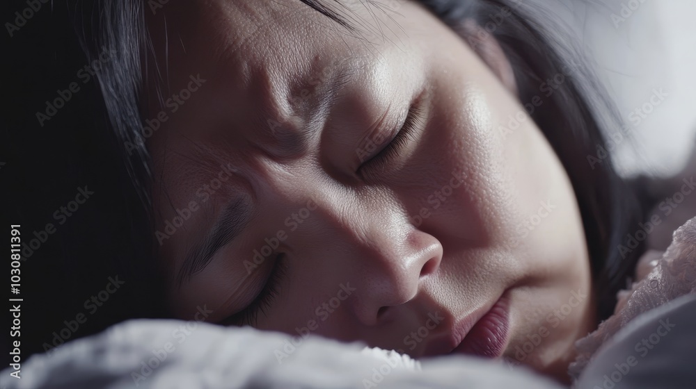 Closeup of an Asian Lady Experiencing Restful Sleep Closeup of an Asian Lady Experiencing Restful Sleep
