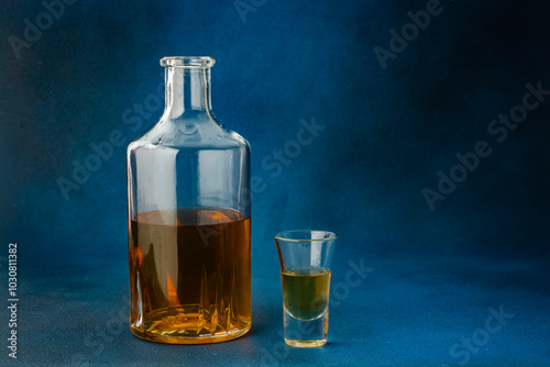 Bottle of whiskey and glass on blue background.