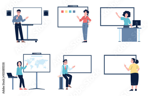 Speakers stand at white empty boards. Teacher lector business coach points on board. Flat office training, lecture in college or university school lesson, vector set