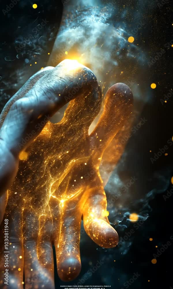 A glowing hand surrounded by sparkling particles, symbolizing creativity and potential. A glowing hand surrounded by sparkling particles, symbolizing creativity and potential.