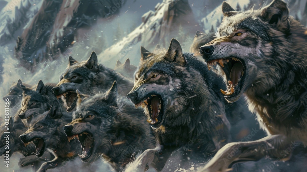 A group of wolves are running through the snow, with their mouths open A group of wolves are running through the snow, with their mouths open