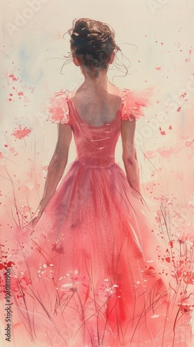 The watercolor painting showcases a ballerina against a clean white canvas, her form a silhouette in deep ebony, her attire adorned with a vibrant scarlet tutu