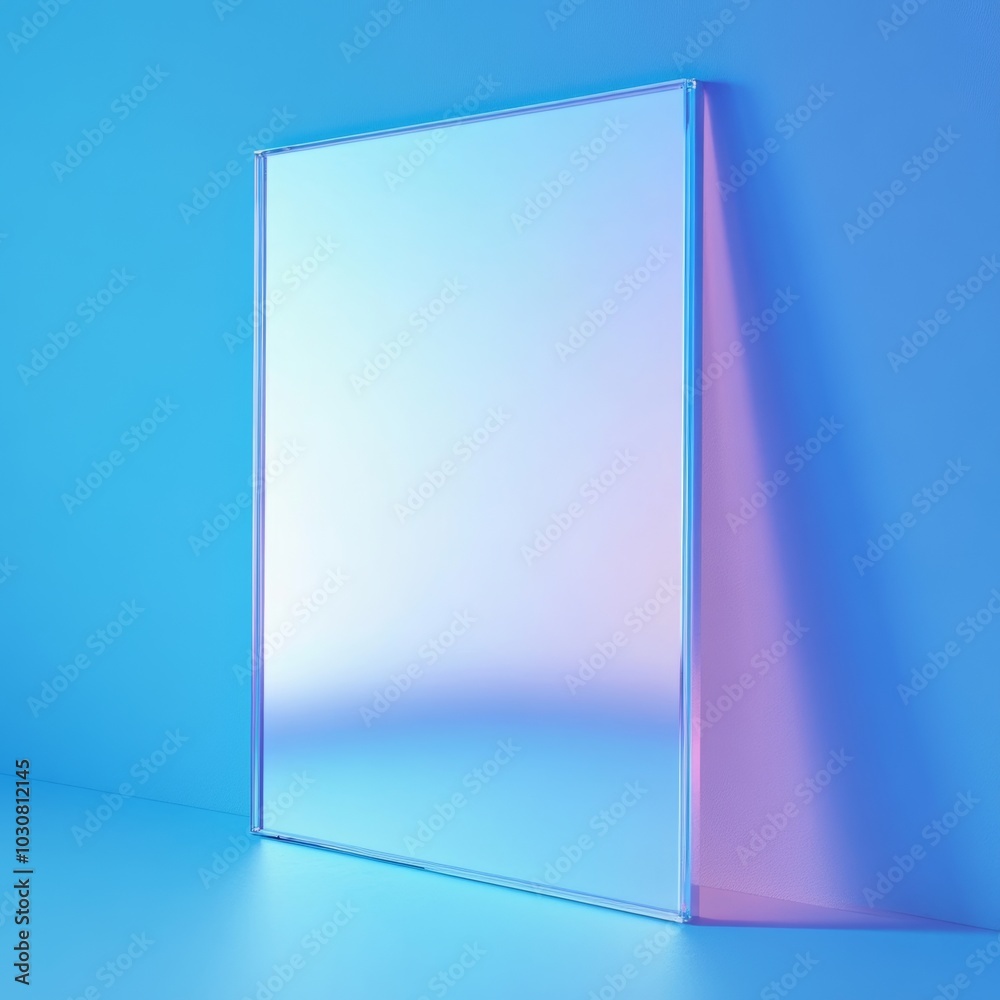 A sleek rectangular frame with a glossy finish, isolated against a pastel blue background, perfect for modern decor A sleek rectangular frame with a glossy finish, isolated against a pastel blue background, perfect for modern decor