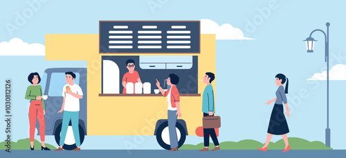 Waiting line to coffee truck. People eating and drink coffee tea hot beverages. Breakfast or lunch time, outdoor cafe on wheels, vector scene