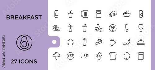 Breakfast line style web icons set. Food icon collection, funchose, clam, chinese chicken, kebab and more. editable stroke and pixel perfect icons pack. Outline symbol bundel.