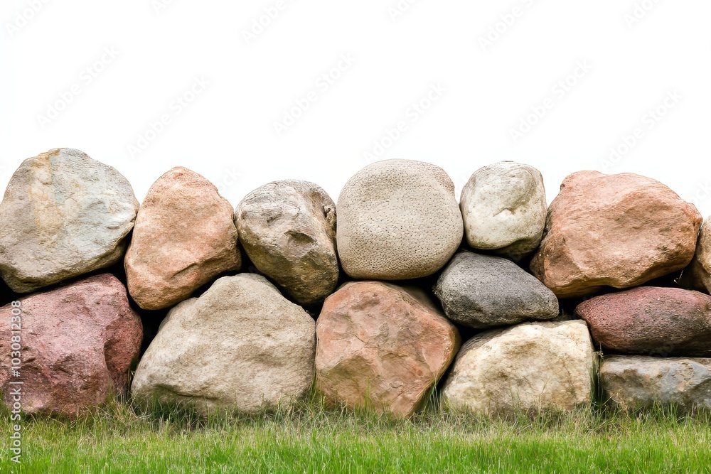Stone Wall with Large Rocks on Grass Isolated Against White Background Stone Wall with Large Rocks on Grass Isolated Against White Background