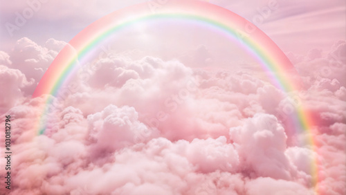 Dreamy pink clouds with rainbow in serene sky for whimsical backgrounds and creative projects copy space