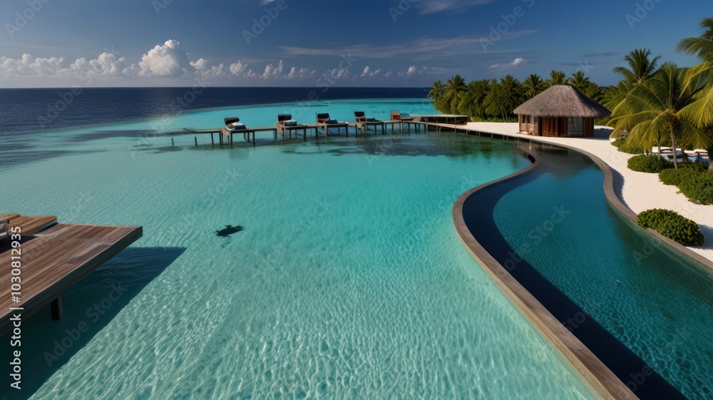 A luxurious infinity pool with crystal clear water, a wooden dock, and palm trees on a tropical island. A luxurious infinity pool with crystal clear water, a wooden dock, and palm trees on a tropical island.