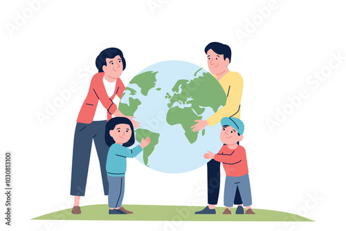Family hugging planet. Eco friendly adults and children. Ecology lifestyle, support clean and smart life on earth. Eco activists recent vector scene