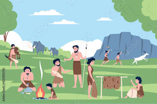 Primitive people life. Prehistoric daily lifestyle scene with hunting cooking on fire made clothes from leather. Caveman, stone age period recent vector illustration