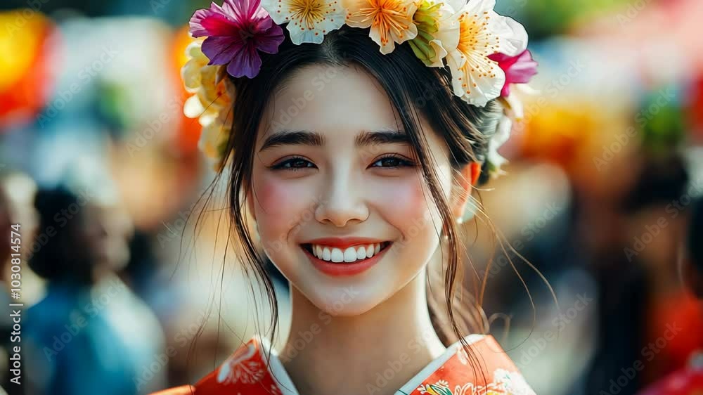 pretty young Japanese woman smiling wearing kimonos and flower crown, walking on old town city street with bokeh light at evening