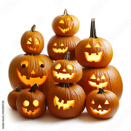 A group of pumpkins, all carved with spooky faces, are ready for Halloween. They are isolated against a white background. photo