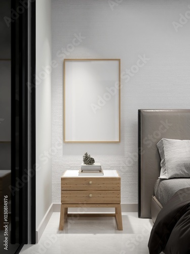 Bedroom with a vertical frame mockup, a bed and interior decoration. 3D rendering, interior design, 3D illustration