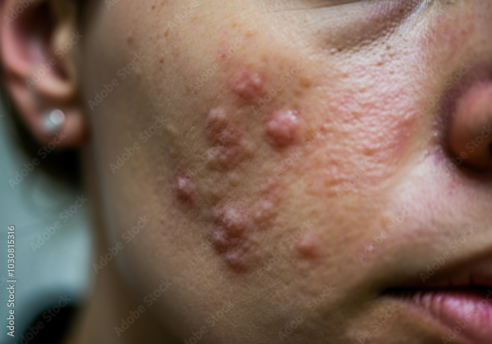 Close-up of skin with acne showing multiple inflamed blemishes and texture variations in a clinical setting Close-up of skin with acne showing multiple inflamed blemishes and texture variations in a clinical setting