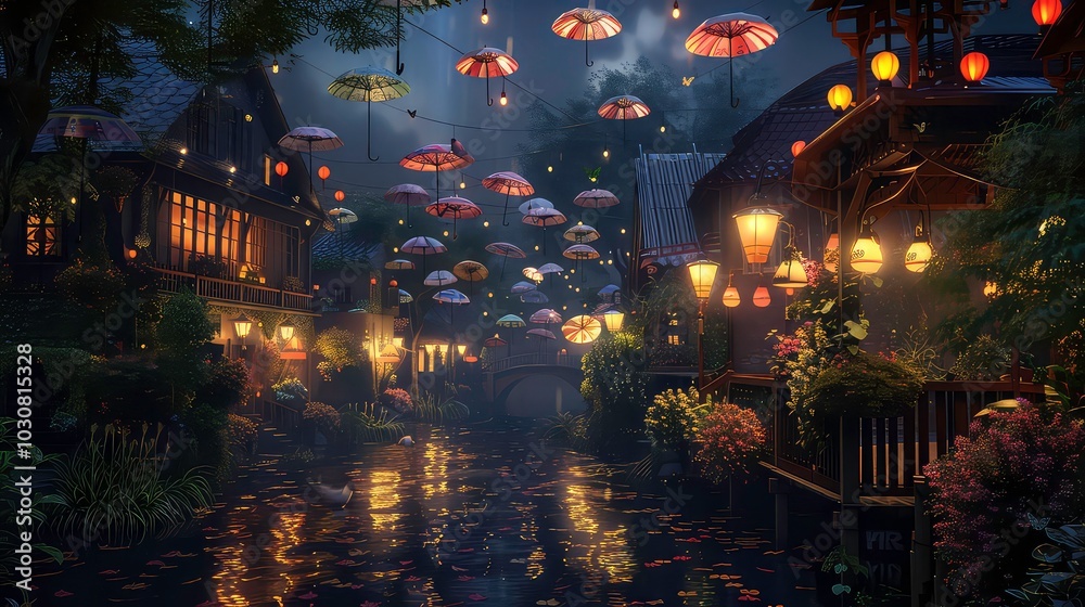 Naklejka premium A quaint village street lined with houses and illuminated by string lights and hanging umbrellas, reflecting in the waterway below.