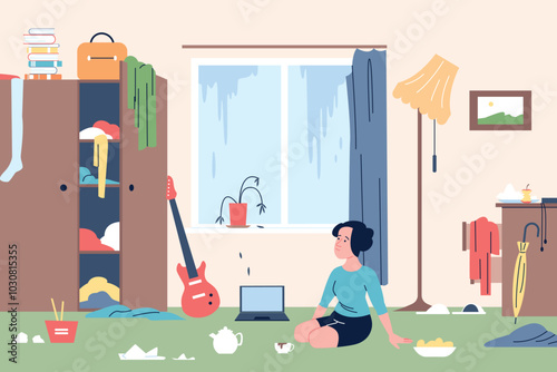 Girl lazy in room. Female character sitting on floor in living room in messy, with litter and chaos. Depression lonely or state of apathy, recent vector scene