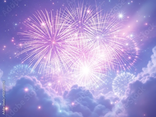 A stunning display of pastel-colored fireworks lights up the night sky