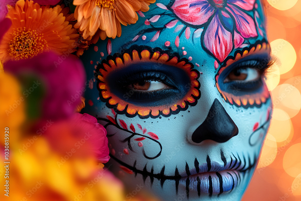 Close-up of Día de los Muertos sugar skull makeup with vibrant floral accents and colors, Day of the Dead Close-up of Día de los Muertos sugar skull makeup with vibrant floral accents and colors, Day of the Dead