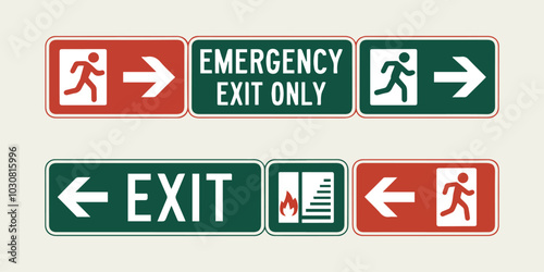 Set of emergency exit signs. Evacuation and relocation of people to safety. 