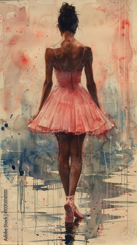 The watercolors softly blend to capture the subtlety of her movement and the delicate lines of her ballet slippers.
