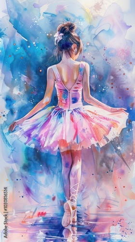 Ethereal watercolor rendering: A ballerina in a pink dress stands gracefully, her back to the viewer, against a luminous and gentle background