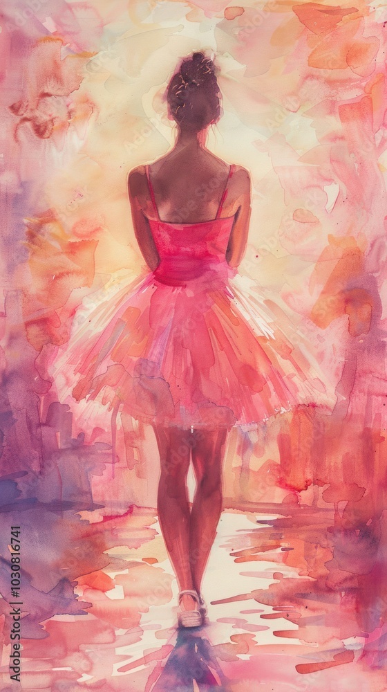 The watercolors softly blend to capture the subtlety of her movement and the delicate lines of her ballet slippers. The watercolors softly blend to capture the subtlety of her movement and the delicate lines of her ballet slippers.