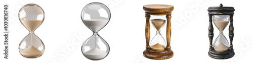 Set of an hourglass with sand flowing, isolated on transparent background.