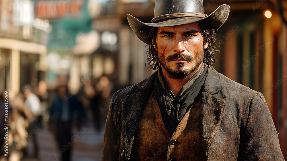 A rugged cowboy in a dusty Western town setting. A rugged cowboy in a dusty Western town setting.