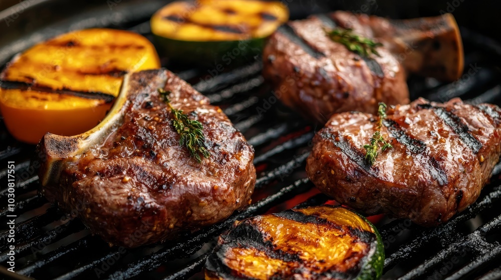 Grilled Lamb Chops with Vegetables on Barbecue Grill Grilled Lamb Chops with Vegetables on Barbecue Grill