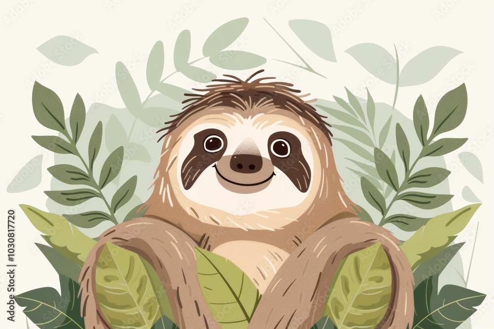 Obraz premium Adorable cartoon sloth surrounded by lush greenery