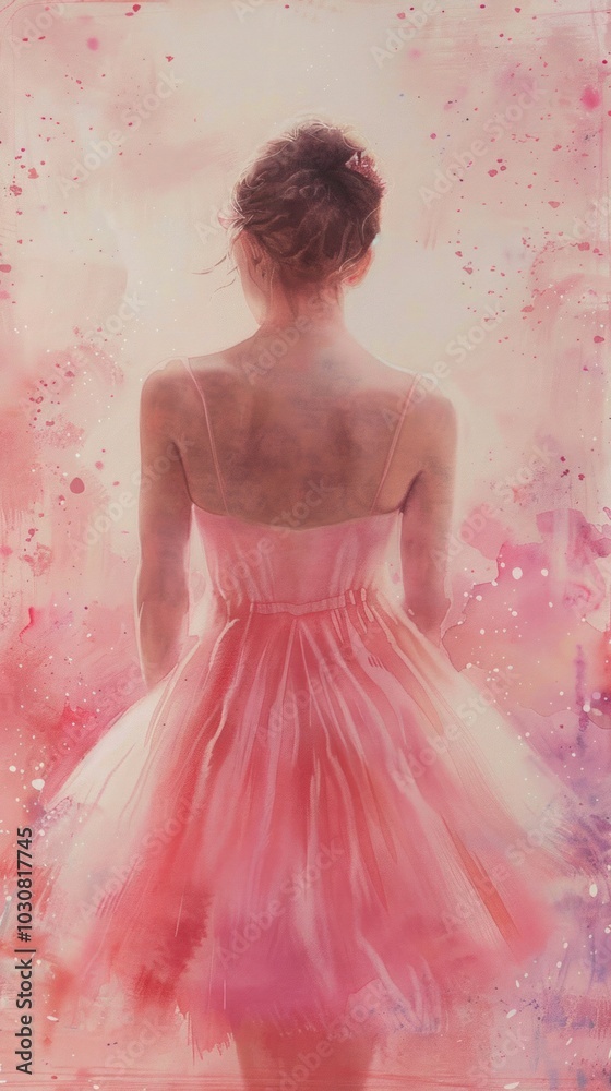 Fototapeta premium The watercolors softly blend to capture the subtlety of her movement and the delicate lines of her ballet slippers.