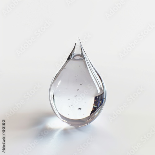 A clear drop of water is sitting on a white surface