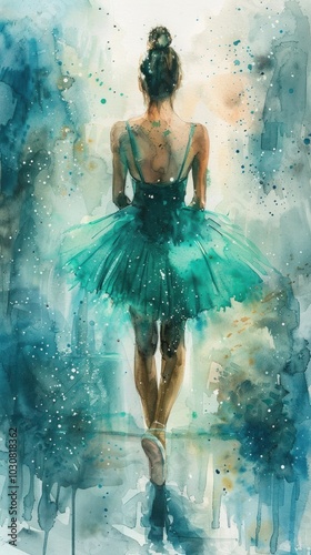 Ethereal watercolor rendering showcases a ballerina of diverse beauty, donning a teal tutu, standing against a soft and radiant background with her back to the viewer