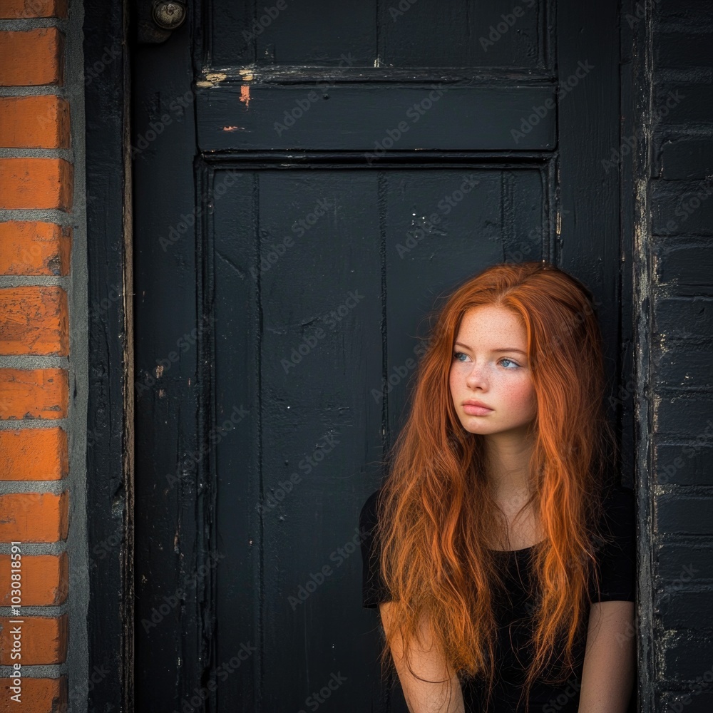 Fototapeta premium Woman with red hair at door