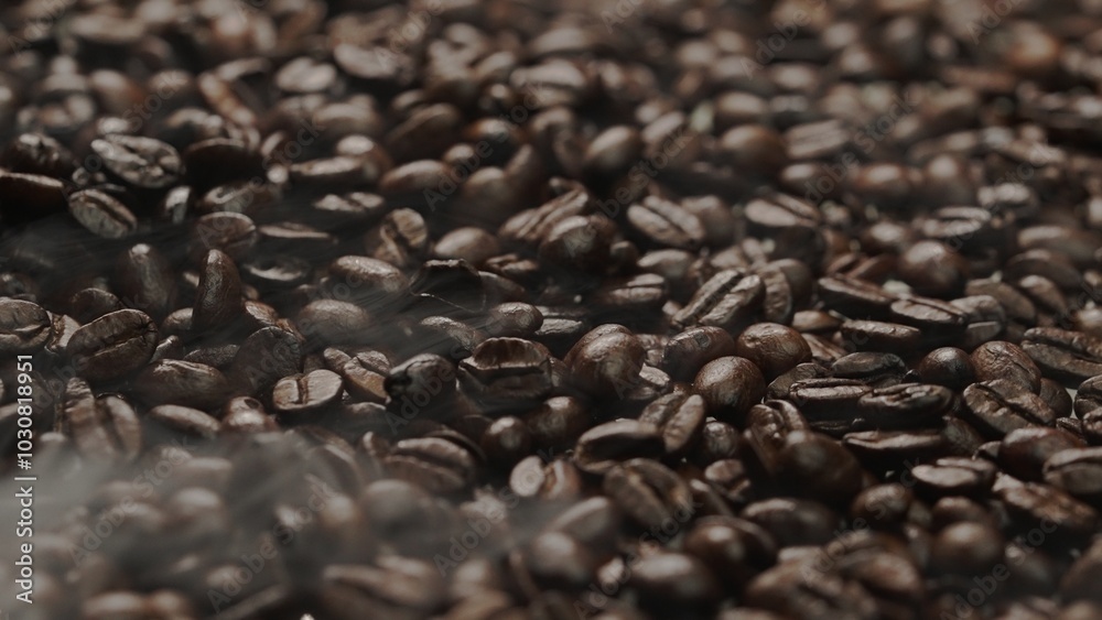 Close up of fresh brown coffee bean with roasted smoke from pile of coffee beans. Macrography of hot coffee seed with fragrant and scented hot smoke come from pile of bean. Top down view. Comestible.