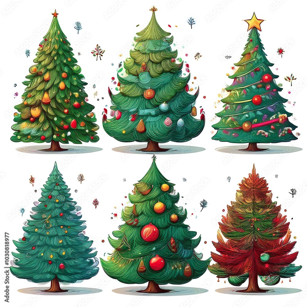 A collection of hand-drawn Christmas trees showcasing diverse styles for festive decoration. Generative AI A collection of hand-drawn Christmas trees showcasing diverse styles for festive decoration. Generative AI